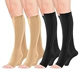 4 Pairs Zipper Compression Socks for Women & Men,15-20 mmHg Medical over the knee compression socks, Easy Wear, Elastic & Comfortable, for Fitness, Flight, Running Marathon (Nude+Black, XXL)