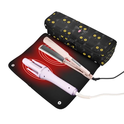 Bolso de viaje para herramientas de cabello con tapete resistente al calor y gran capacidad, negro con gatos y ojos amarillos miniatura 2