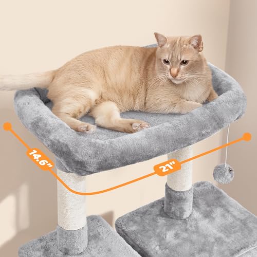 Image of Yaheetech Cat Tree Tower for Large Cats, Multi-Level Condo & Hammock | Sisal posts, scratch board, roomy condo, hammock, and a wide 21-inch top perch fit large cats; condo holds up to 22 lb