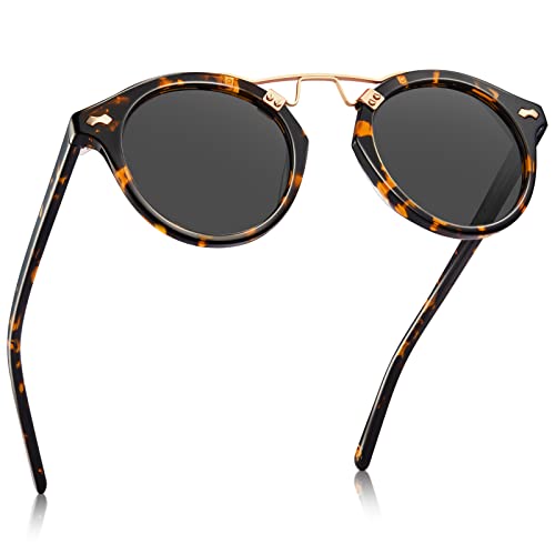 Image of CARFIA Small Face Acetate Polarized Sunglasses for Women UV Protection, Retro Double Bridge Eyewears Metal Brow Round Sunnies
