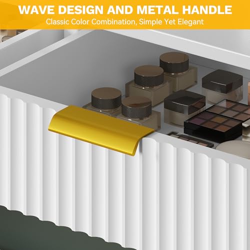 Image of DWVO Fluted Makeup Vanity Desk with Large Mirror and Lights, Makeup Table with Power Outlet, Shelves & 2 Drawers, 3 Color Lighting Modes