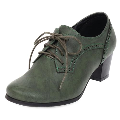 Women's Lace Up Wingtip Oxfords Pumps Block Mid Heel Round Toe Perforated Vintage Brogues Dress Shoes