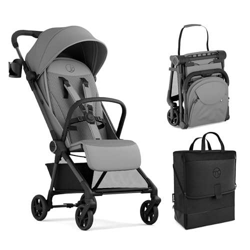 Image of Mompush Nexis Carbon Travel Stroller, Ultra-Lightweight 11.5 lbs, Compact & Airplane Carry-On Approved, One-Second Auto-Fold, One-Hand Full Recline, from Birth to 50 lbs, Travel Bag Included, Grey