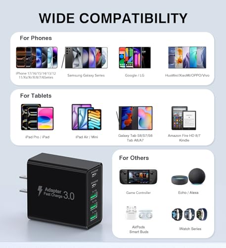 Image of [2-Pack] USB C Wall Charger, 50W USB C Charger Block 5-Port PD Fast Charging Blocks,2USB C+3USB A Multiport Plug,Type C Power Adapter Brick Cube for iPhone 17 /16 /15 /14 /13 /Pro,Samsung,for Switch（Black）