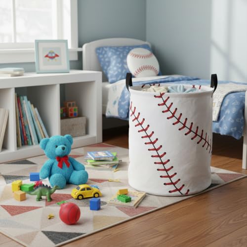 Image of Baby Laundry Hamper kids laundry Basket Waterproof Laundry Bag for Bedroom Clothes Organizer Room Decor(Baseball)