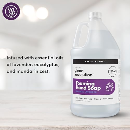 Image of Clean Revolution Foaming Hand Soap Refill with Real Essential Oils, Moisturizing Sulfate-Free Hand Soap, Ready-to-Use Foam Soap Refill for Kitchen & Bathroom, Natural Lavender (128oz, 4 Pack)