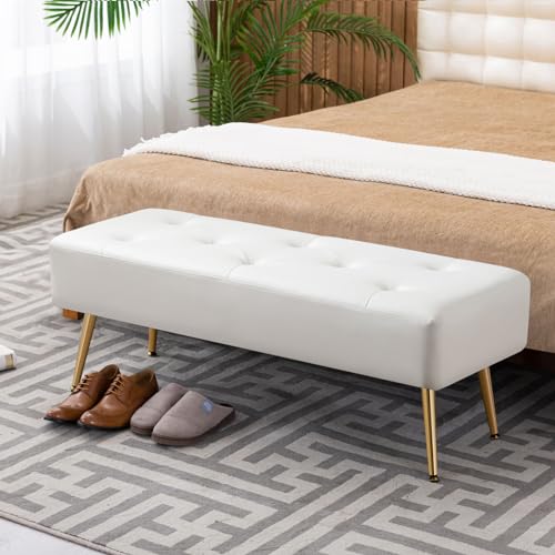 Image of Ckaff 112 CM Tufted PU Leather Bench, Modern End of Bed Bench Bedroom Bench, Upholstered Ottoman Bench with Metal Legs for Entryway, Footstool Bench for Living Room (White)