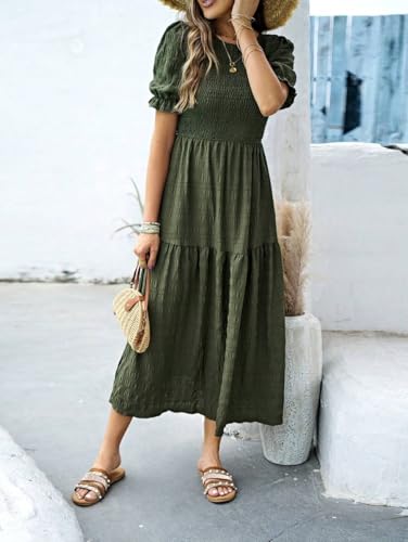 LIGHT DOT Women's Maxi Modest Dress 2025 Ruffle Puff Short Sleeve Smocked Tiered Casual Flowy3
