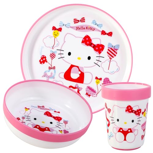 Hello Kitty Set di stoviglie riutilizzabili bicolore premium per bambini, 3 pezzi, piatto, ciotola e bicchiere, senza...