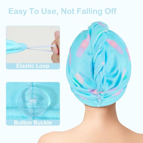 Image of FIOBEE Microfiber Hair Towel Wrap for Kid Girls Rapid Drying Hair Turbans | Absorbent & Soft Hair Wrap Towel, Easy Wear On With Button, For Girls Women Long Curly Hair, Turbie Twist Hair Towels
