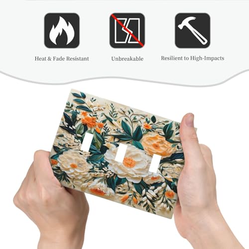 Decorative Switch Covers Plate Rustic Big Flowers Abstract Floral 3 Gang Wall Plate Oversized Triple Toggle Light Switch Plate Jumbo Faceplate for Country Bedroom Home Decor