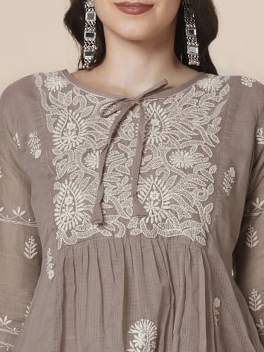 Image of RATAN Women's Muga Cotton Flared Lucknowi Chikankari Ethnic Wear Kurta