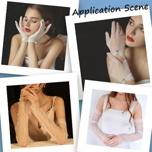 2 Pieces Set Separate Sheer White Mesh Pearl Short Gloves Long Arm Elbow Length Finger Lace Transparent Sleeves Polyester Glove for Women Wedding Bridal Birthday Party Opera Costume4