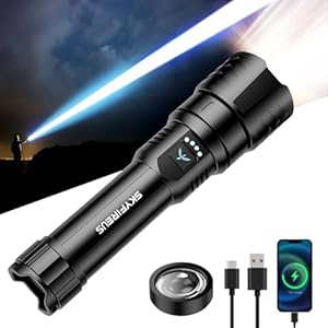 SKYFIRE Taschenlampe LED Aufladbar 900000 Lumen & Feuerzündungs-Linse, LED Taschenlampen Extrem Hell USB 4 Helligkeitsstufen, Starke Taschenlampe Zoombar Flashlight für Camping, Notfälle und Wanderungen