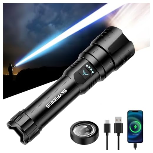 SKYFIRE Lampe Torche Tactique LED Ultra Puissante 50000 Lumens - Zoom Réglable, Lentille d'Allumage, 4 Modes d'Éclairage, Fonction Powerbank, Étanche IPX6 pour Outdoor, Camping et Situations d'Urgence