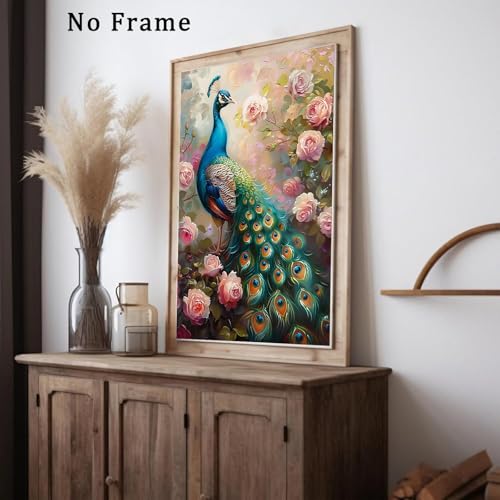 Deocorlevel Elegance Peacock Wall Art Pink Peony Painting Beautiful Peacock Poster Abstract Peacock Wall Art Blue Peacock Painting Vintage Peacock Poster Vintage Animal Painting For Living Room 16X24Inch No Frame thumb #1