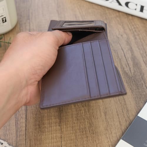 Image of Men's Dark Brown Leather Bifold Wallet RFID Blocking Front Pocket Security Passcase Cowhide Durable Extra Capacity Billfold 6 Credit Cards with Flip-out ID Classic Handmade Gift For Him VINAM-B-03