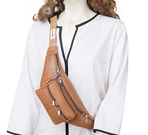 Image of K London Leather Tan Unisex Waist Bag Travel Pouch Passport Holder Fanny Bag | Travel Friendly | Durable Multiple Credit /Debit Card Slots (268 Tan)