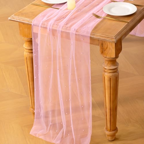 Image of MLMC Pink Pearl Table Runner Boho Rustic Tulle Table Runner with Pearls 10ft 29 inchx120 inch Cheesecloth Table Decor for Wedding Anniversary Baby Shower Home Decoration