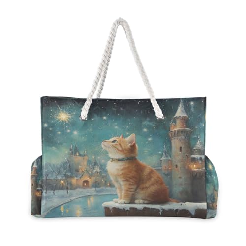 Cat and Star Beach Bag & Travel Tote Bag Large Sandproof with Zipper Closure, Wet Pouch for Swim Gym Travel, Lightweight Foldable Outdoor Bag2