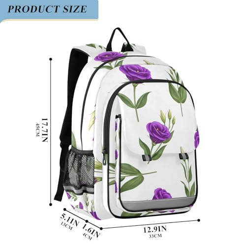 Purple Flowers Green Leaves White Backpack for School Boys Girls, Front Flap School Bag, 17 Inch Kids Laptop Backpack, Age 6-122