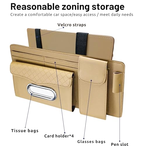 Image of DETACHI Car Sun Visor Organizer with Tissue Paper, Sunglass Pen Card Small Document Storage Pouch & PhoneHolder, Leatherette, Multi-Pocket with Zipper Net-(Beige, 18X3X37CM)