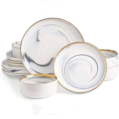 12 Piece Marble Porcelain Round Stoneware Dinner Dish Sets Dinnerware