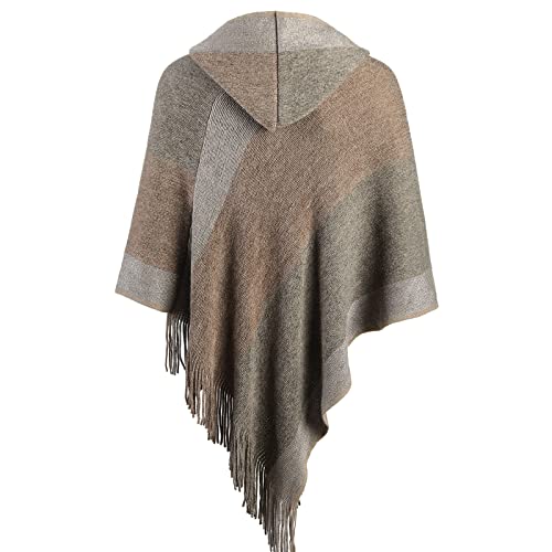 Image of Women's Elegant Knitted Shawl Poncho with Fringed V-Neck Striped Sweater Pullover Cape Gifts for Women Mom