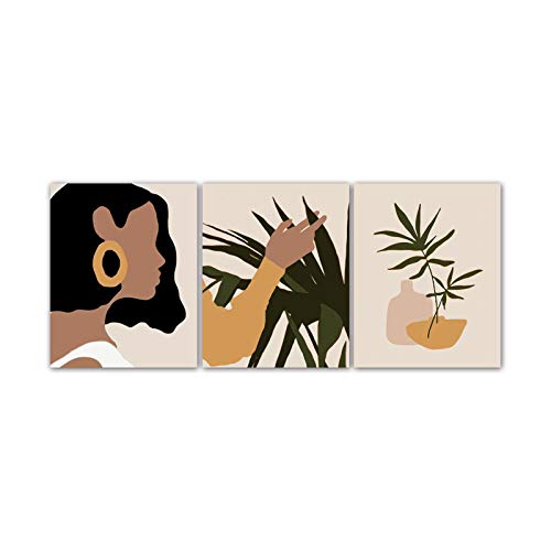 Modern Minimalist Black Women Leaf Art Painting Set of 3 (8âX10â Canvas Picture) Fashion Pop Boho Girl Room Poster Painting Female Bathroom Bedroom Wall Home Decor Frameless