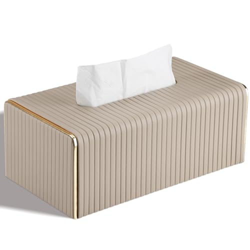 ティッシュケース ティッシュボックス レザー調ストライプティッシュケース 展開 ブラック／ホワイト／ヌード／ライトグレー × ゴールドライン PUレザー製 ティッシュボックス カバー (ヌード)