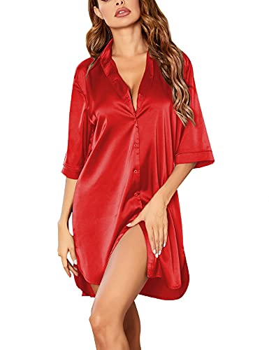 Image of Ekouaer Women's Satin Nightshirt Button Down Sleepshirt Silk 3 /4 Sleeve Nightgown Boyfriend Notch Collar Sleepwear S-3XL