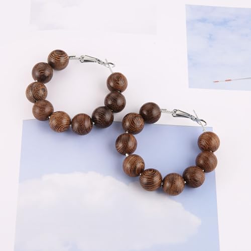 STWTR Women's Natural Wood Earrings Fashion Earrings Geometric Shape Retro Earring Set Natural Wood Hollow Semicircle Earrings3