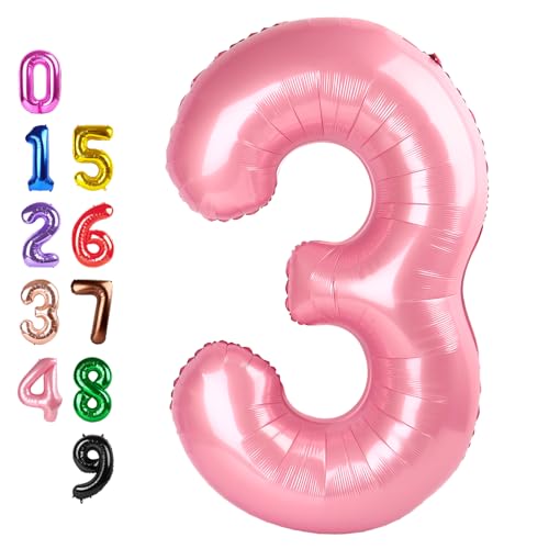 Image of Number Balloons Pearl Pink 3 Balloon 40 inch for 3rd Birthday Decorations | Saturated Color, Large 40 in, With Straw & Hanging Hole, For Back-to-School Season, Wedding, Christmas, New Year, Anniversary