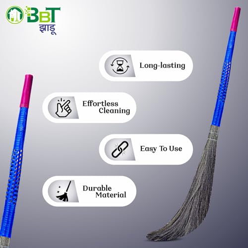 Image of BBT Phool Jhadu | Natural Grass Broom Stick for Home Cleaning | Eco-Friendly Long Handle Jhadu | Anti Dust, Lightweight & Durable Pack of- (1, BAHUBALI)