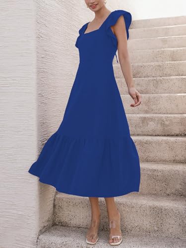 Image of Sugathari Girl's & Women's Solid Color Square Neck, Ruffle-Trimmed Hem Sleeveless, Ruffle Armhole and Casual Dress with Cinched Waist Vacation Outfits Woman (Dress 176)