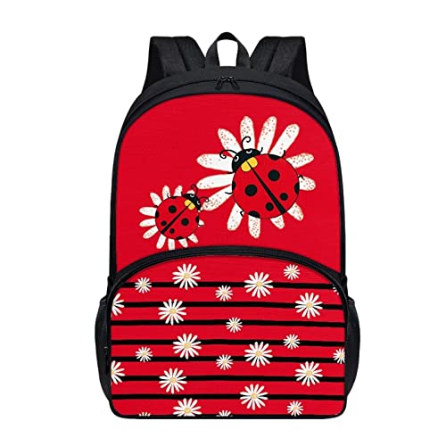 Modysero Red Stripes Ladybug Daisy Print Custom Student Backpack Lightweight Large Capacity School Bag with Two Side Pocket Travel Picnic Casual Backpack for Girls
