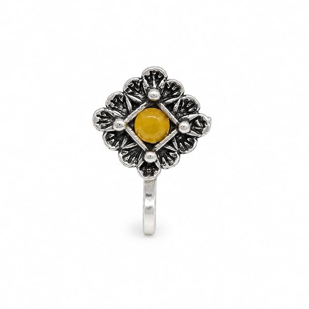 Plus Jewellery Gorgeous Oxidised Silver Finishing Yellow Stone Stud Square flower shape Nose Pin | Ring | Without Piercing | Adjustable | Nathiya | Nathani | For Women & Girls-image-19