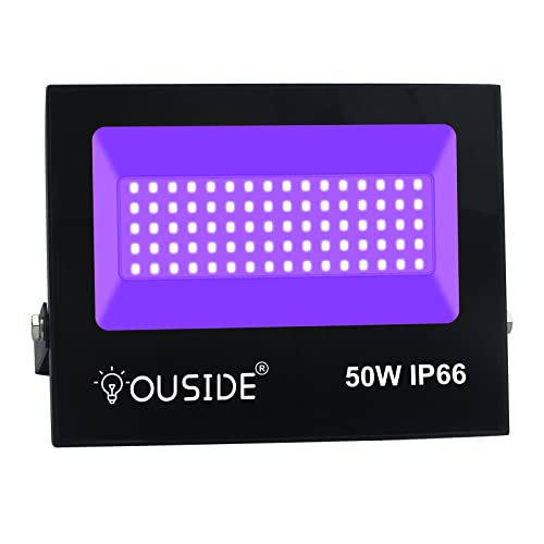 UV Schwarzlicht,OUSIDE 50W LED Schwarzlicht Strahler Bühne Dekoratives Licht, AC85-265V IP66 Wasserdicht 395-400nm mit Schalter Schwarzlichtlampe UV Flut-Licht für Party,Neonfarben, Graffiti, Aquarium