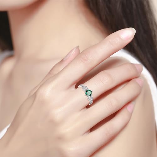 TANGPOET 6mm Simulated Emerald Rings for Women 925 Sterling Silver Adjustable Green Gemstone Leaf Rings Open Band Rings Valentine Anniversary Promise Jewelry Gifts for Her2