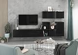 BMG Möbel Modernes Wohnzimmer Wohnwand Set 7 TLG. wählbar aus 8 Farbkombinationen, MDF Fronten tiefgezogen mit Softclose, Schränke mit Klappenfunktion, offenes Regal (Anthrazit - Schwarz Hochglanz)