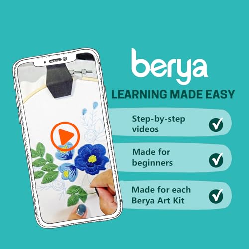 Image of BERYA Embroidery Kit for Beginners, Flowers and Leaves Embroidery Practice Kit, Hand Floral Embroidery Starter Kit for Adults with Video Step by Step Instructions, Hoops, Threads and Needles (BEF013)