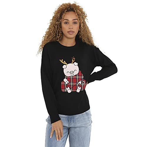 Brave Soul Women's Christmas Jumper, Black, Small