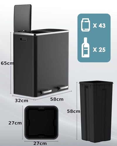 Clevich Kosz na śmieci kuchenny 60 l, 2 przegródki, z metalu, z delikatnie zamykającą się pokrywą, 2 pojemniki wewnętrzne z tworzywa sztucznego, system segregacji śmieci 2 x 30 l, podwójny kosz z
