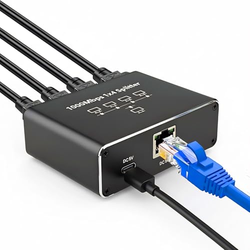 Switch Ethernet 1 a 4, 1000Mbps Gigabit RJ45 Splitter 4 Puertos, LAN Network Adapter con Alimentación USB C, Duplicador RJ45, Divisor Ethernet para Ordenador Hub Routers Conmutador Decodificadores