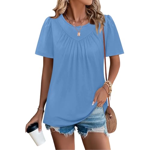 Womens Summer Tops Trendy Short Sleeve T Shirts Pleated Crewneck Tees Blouses Dressy Casual Outfits Clothing（2-Sky Blue,XX-Large）