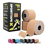 SPORTTAPE Kinesiologie Tape - 3 Rollen Beige, 5 cm × 5 m – Elastisch & Wasserfest Kinesiotapes/Tape Sport, Hautfreundlich Baumwolle, starke Haftung, latexfrei für Muskel- & Gelenk-Support