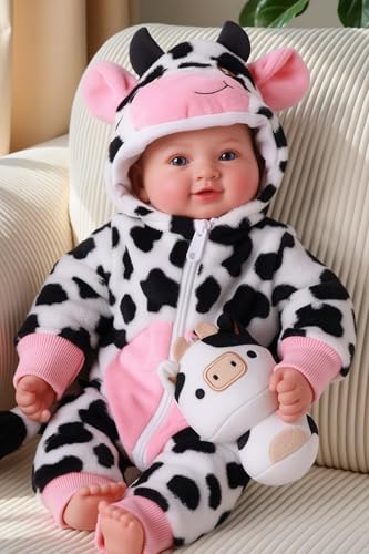 BABESIDE Baby Doll Girl - 17-Inch Soft Body Realistic Baby Doll with Blue Eyes and Cow Outfit Lightweight Real Life Baby Dolls for 3+ 4 5 6 7 8 9 Years Girl Birthday Gifts, Pretend Play and Christmas