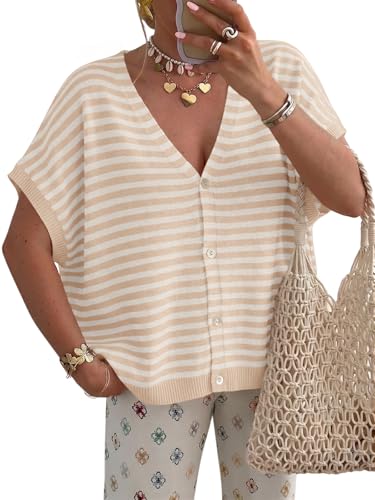 Image of Saodimallsu Womens Summer Oversized Cardigans Batwing Short Sleeve Lightweight Button V Neck Casual Knit Sweater Tops