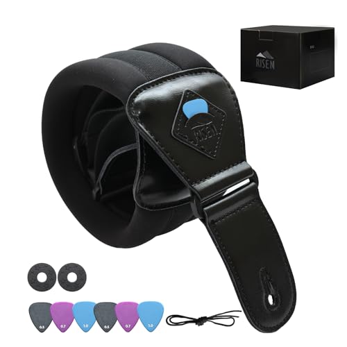 [RISEN LIFE] RS200 ギターストラップ 3D立体減圧設計 エレキギター・ベース対応 8cm幅 ネオプレンゴム製 スポンジ充填 肩と首を保護 ブラック ピック6枚付き