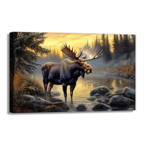 OAAPITI Moose Canvas Wall Art Vintage Wildlife Pictures Art Print Wilderness Forest Landscape Painting Modern Artwork For Bedroom Living Room Home Office Decor Frame(Artwork-2,16"x24")